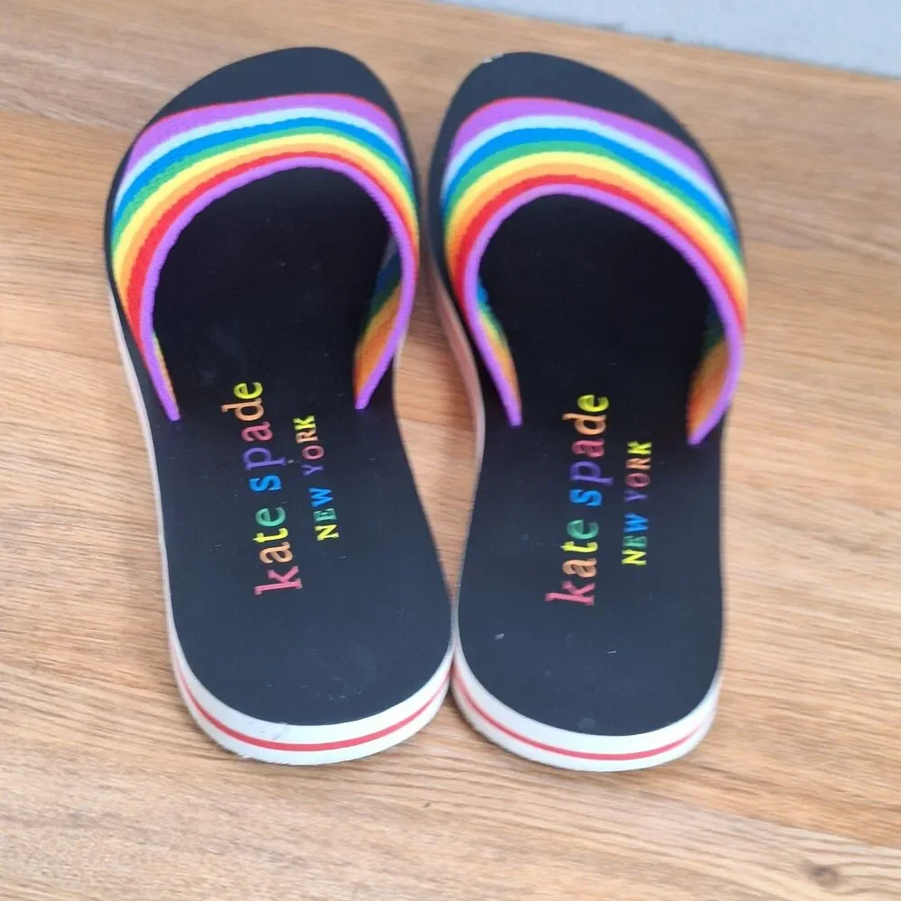 Kate Spade Spectrum Rainbow Knit Slide Sandals Women's 8 Colorful Logo Pride